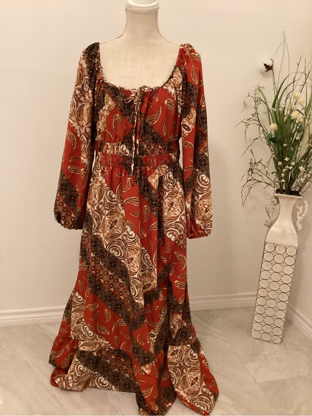 SHEIN Red Paisley Patchwork Maxi Dress